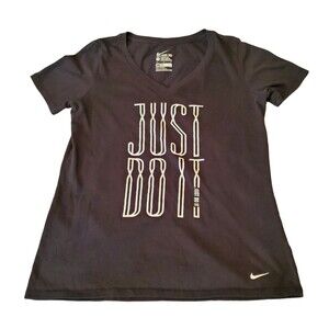 Women's Nike Just Do It Dri-Fit Short Sleeve T-Shirt V-Neck Black L Athletic Cut